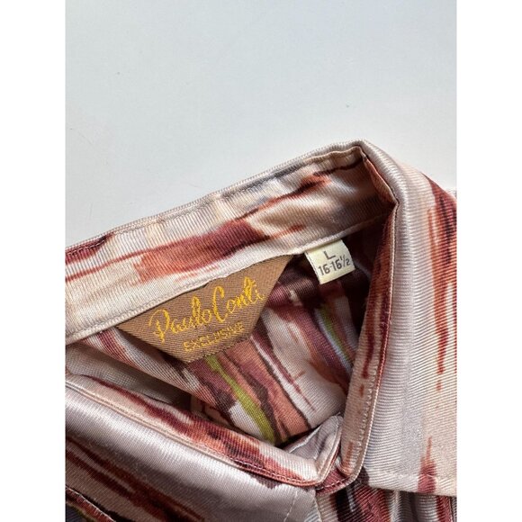 Vintage PAOLO CONTI Brown Grey Graphic Satin Jersey Button Down Shirt, Size L - Picture 11 of 12